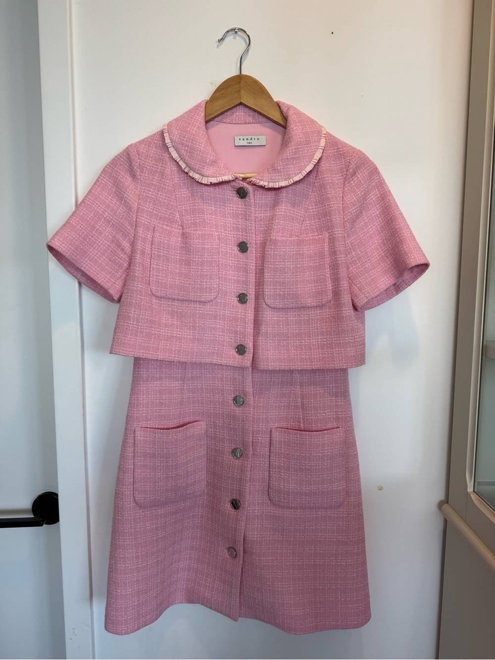 Sandro Pink Tweed Short-Sleeve Jacket & Skirt Set